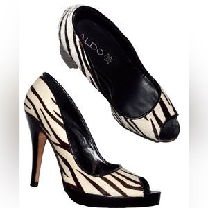 ALDO 6 M 37 WHITE BROWN ZEBRA PRINT CALF HAIR OPEN TOE PLATFORM 4"+ HEEL PUMPS
